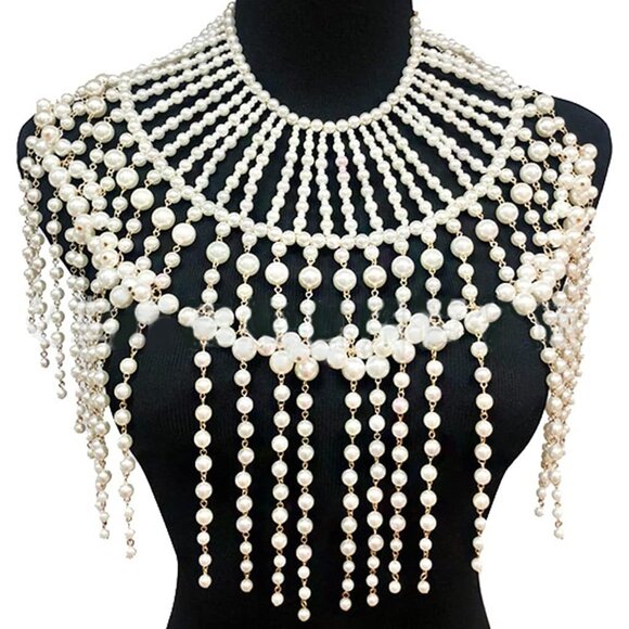 Pearl Shoulder Body Chain Necklace - Silver Beaded Jewelry for Weddings & Partie